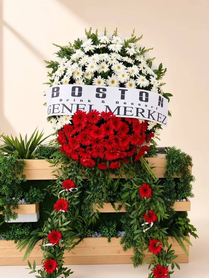 Ahşap Kasalı Kırmızı Gerbera Açılış Çelengi fotoğrafı