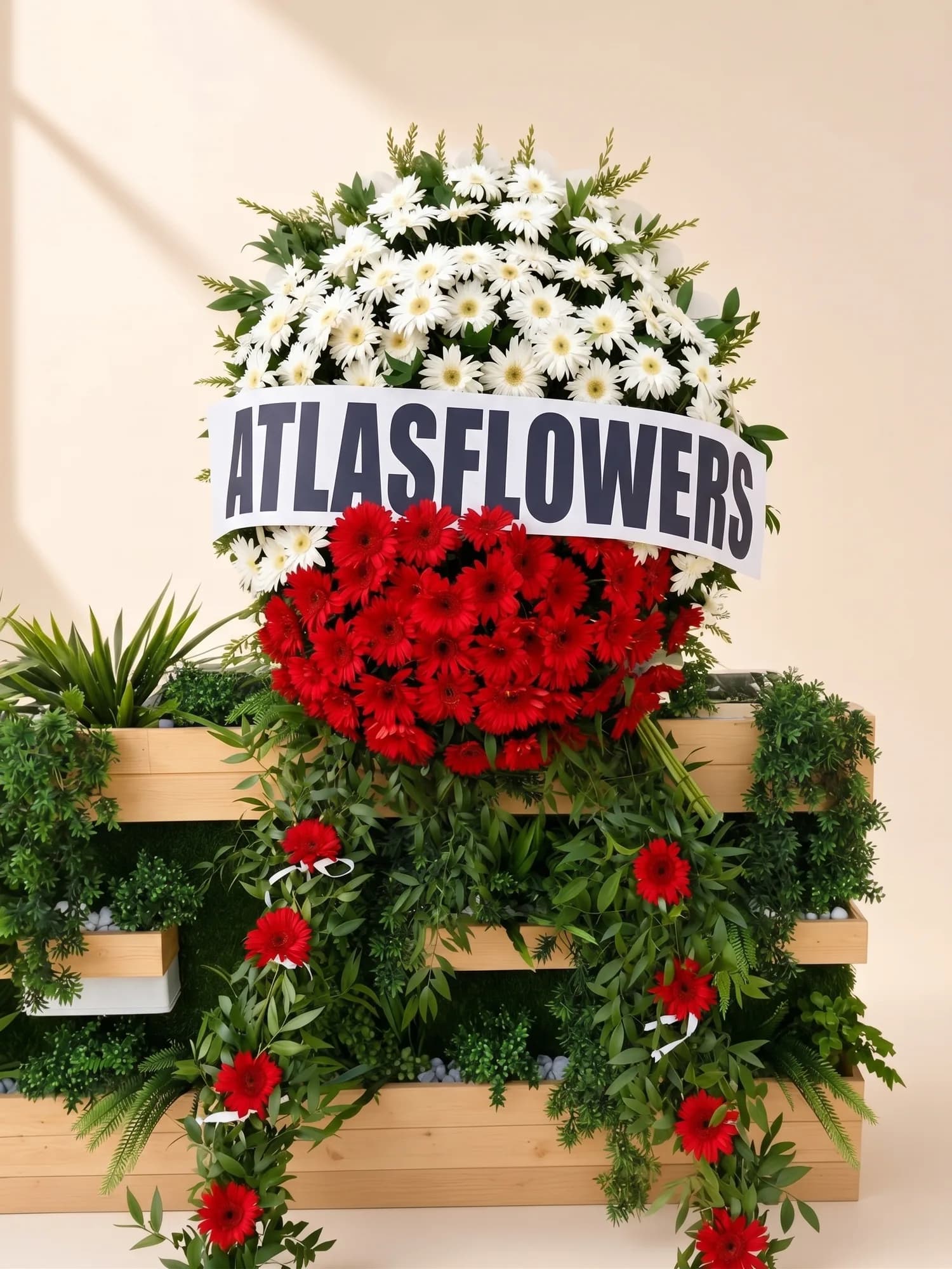 Ahşap Kasalı Kırmızı Gerbera Açılış Çelengi fotoğrafı