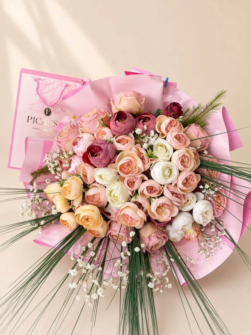 Pembe Ambalajlı Pastel Çiçek Buketi fotoğrafı