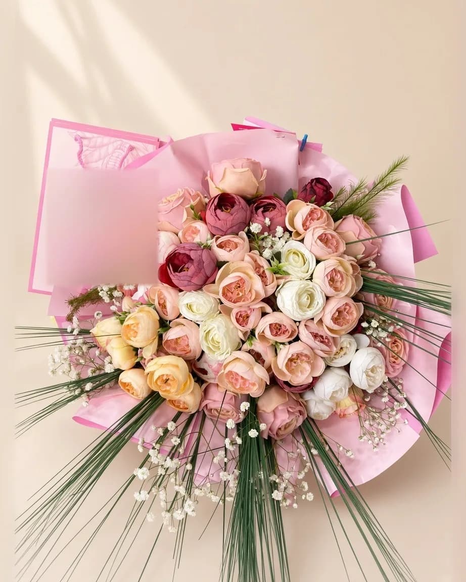 Pembe ambalajda şeftali, pembe ve beyaz düğün çiçekleri ve cipsodan gösterişli buket