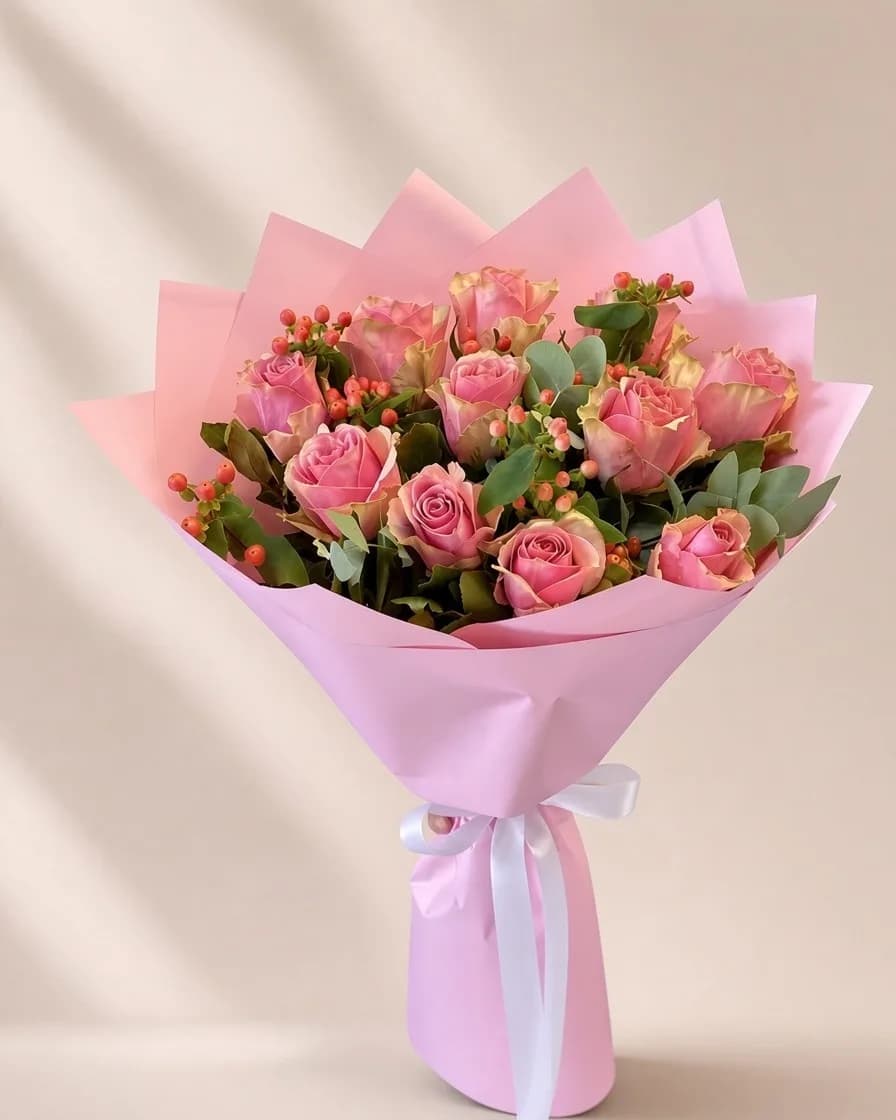 Pembe ambalajda pembe güller, turuncu hypericum ve okaliptüsten buket
