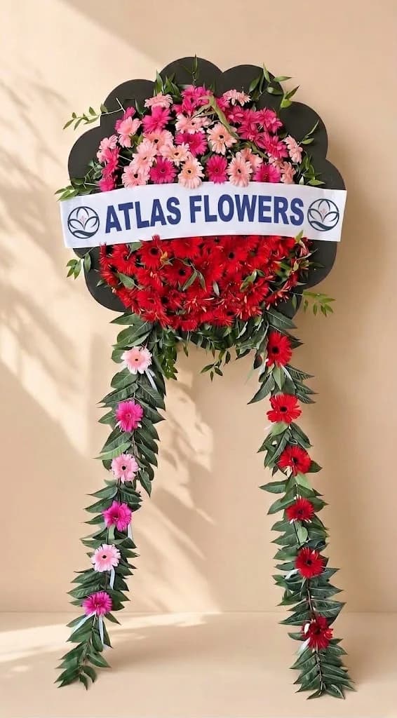 Siyah Çerçeveli Pembe ve Kırmızı Gerbera Düğün Çelengi fotoğrafı